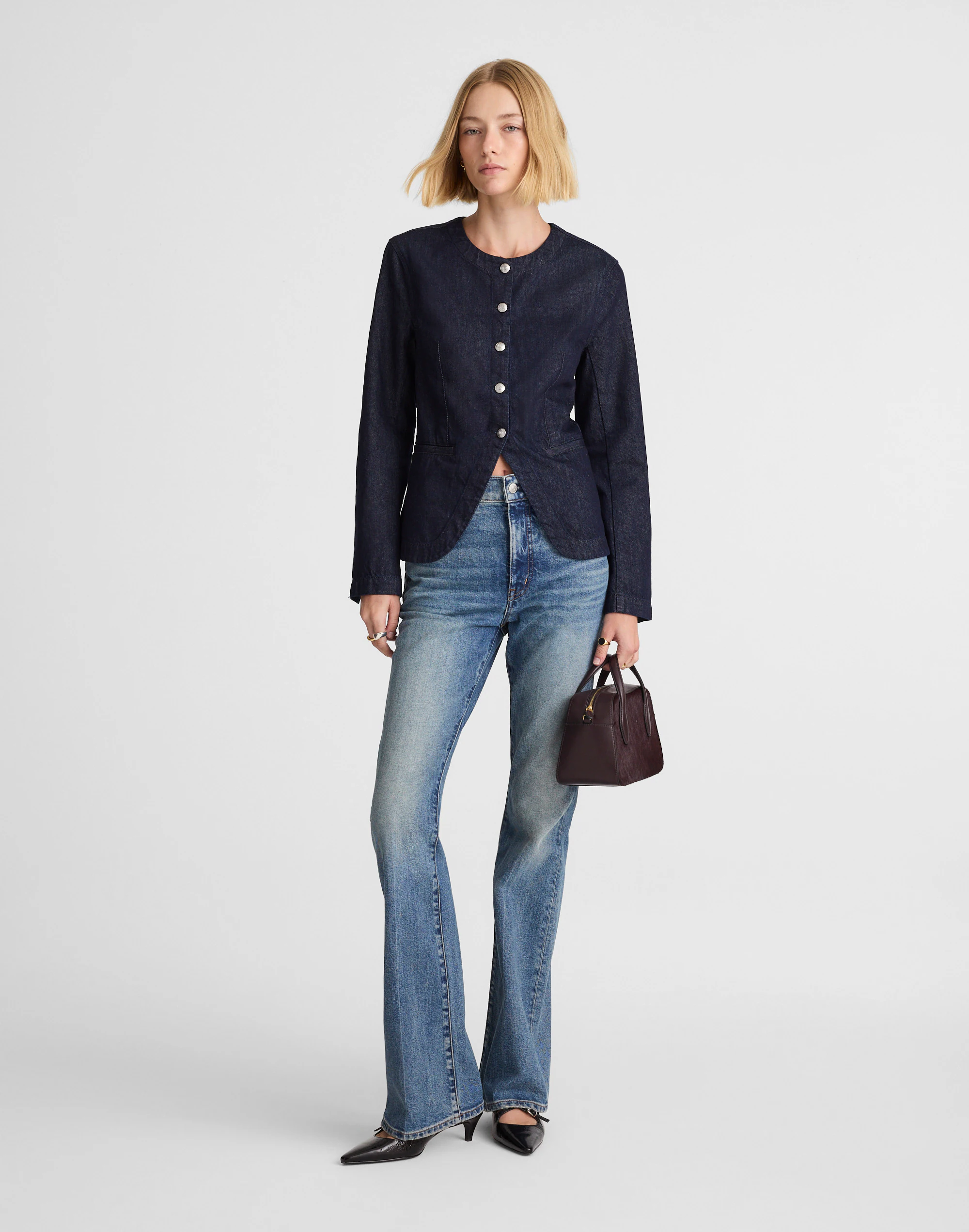 Denim Collarless Jacket in Rinse Wash