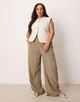 Asos Design Curve Relaxed Straight Leg Linen Mix Pants in Khaki