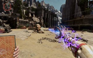 Avowed - a screenshot showing the player using a grimoire to attack a giant bug