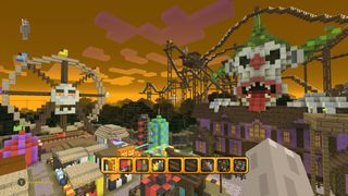 In game screen shot of a Halloween themed theme park in Minecraft