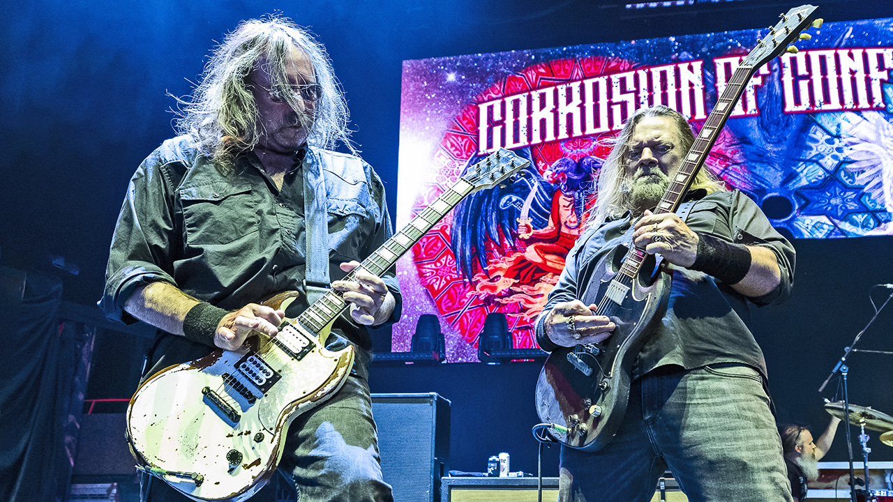 Woody Weatherman (left) and Pepper Keenan of Corrosion of Conformity perform at the Pine Knob Music Theatre in Clarkston, Michigan on October 2, 2025