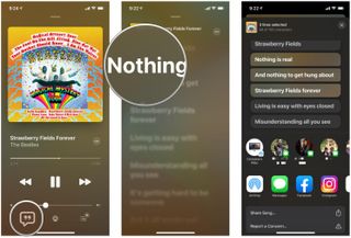 Share song lyrics in Apple Music on iPhone by showing: Tap the Lyrics button, long-press on a lyric to bring up the Share Sheet, change your lyric line selection by tapping, then select where to share it to or who to share it with