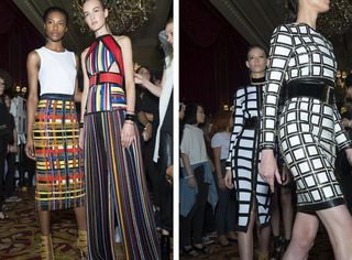 Models wearing graphic Mondrian styled clothing