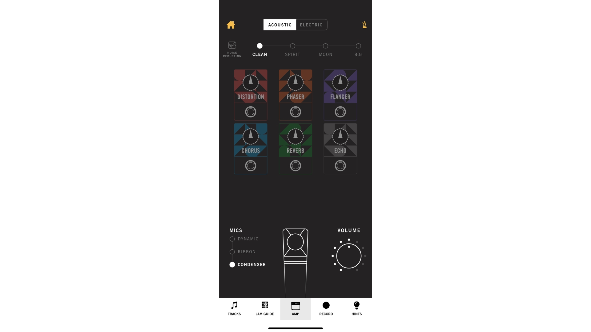 A screenshot of the Gibson guitar lessons app showing the built in effects and amplifier