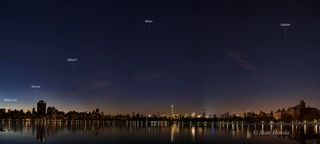 Astrophotographer Stan Honda sent in a panoramic image of five planets in the night sky over Manhattan, taken Jan. 25, 2016.