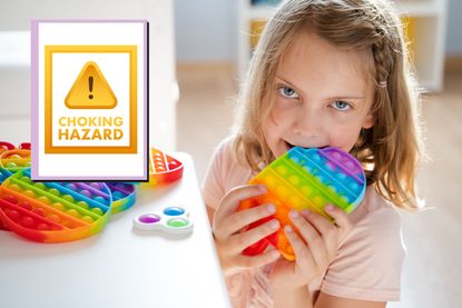 Child playing with a pop-it toy putting it in her mouth and drop in of a choking warning sign
