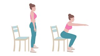 Illustration of woman squatting down onto chair with arms out in front, representing desk exercises