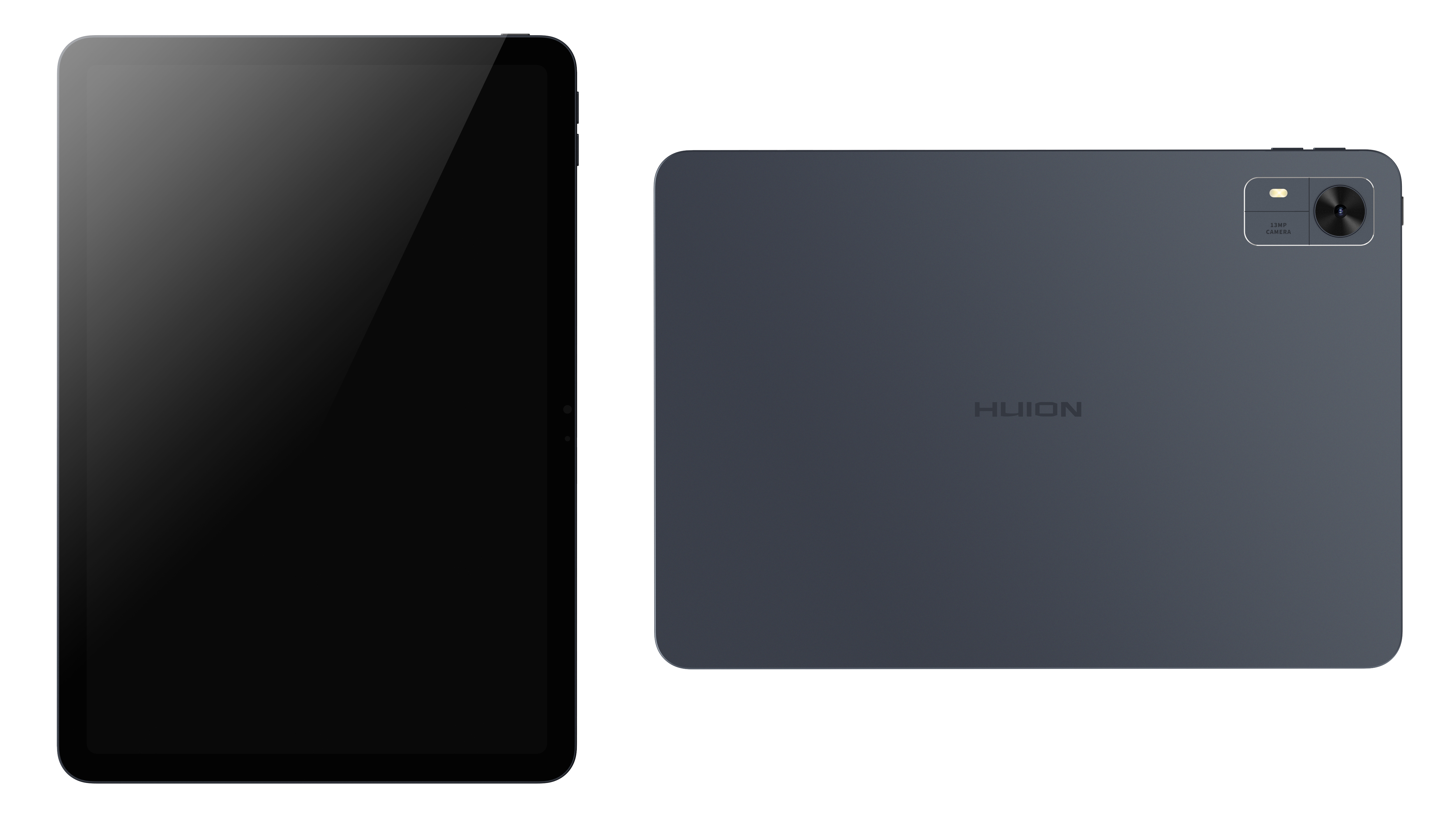 A dark grey, slim Android tablet, front and back
