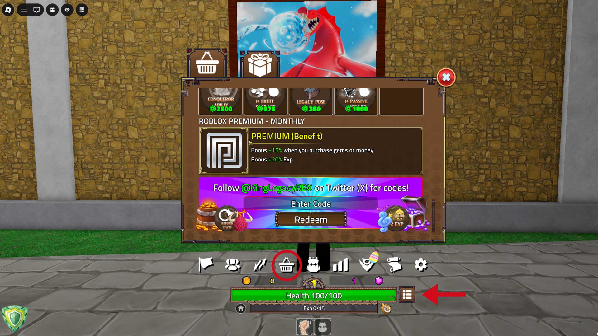 King Legacy - The menu to redeem codes, with a red arrow in the bottom right indicating the first place you'll need to click