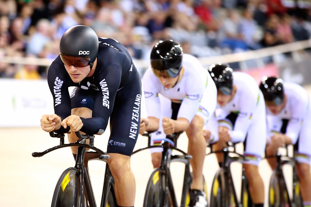 Cameron Karwowski, Piet Bulling, Alex Frame and Regan Gough of New Zealand during the Mens Team Pursuit semi-final