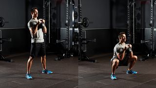 Man performs two positions of the kettlebell goblet squat