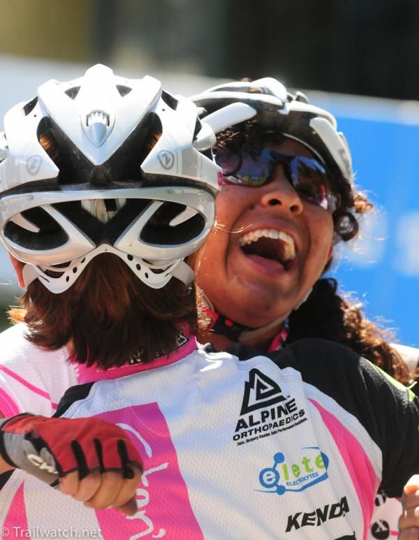 Tiziana Dehorney (Get Out! New Mexico) is congratulated by her coach Nina Baum