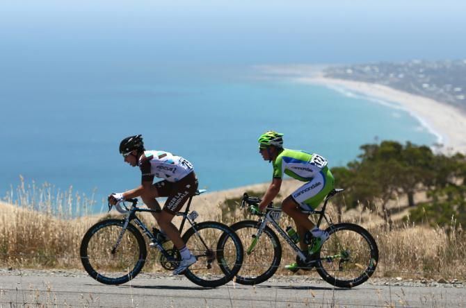 Breakaway companions Axel Domont (Ag2r-La Mondiale) and Cam Wurf (Cannondale)