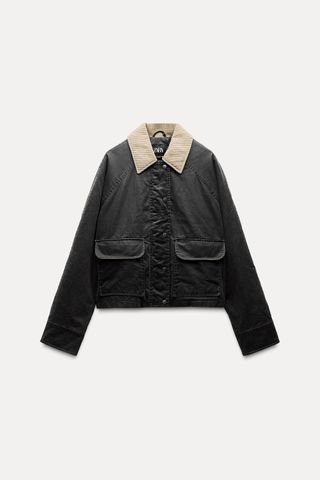 Waxed Puffer Jacket With Corduroy Collar