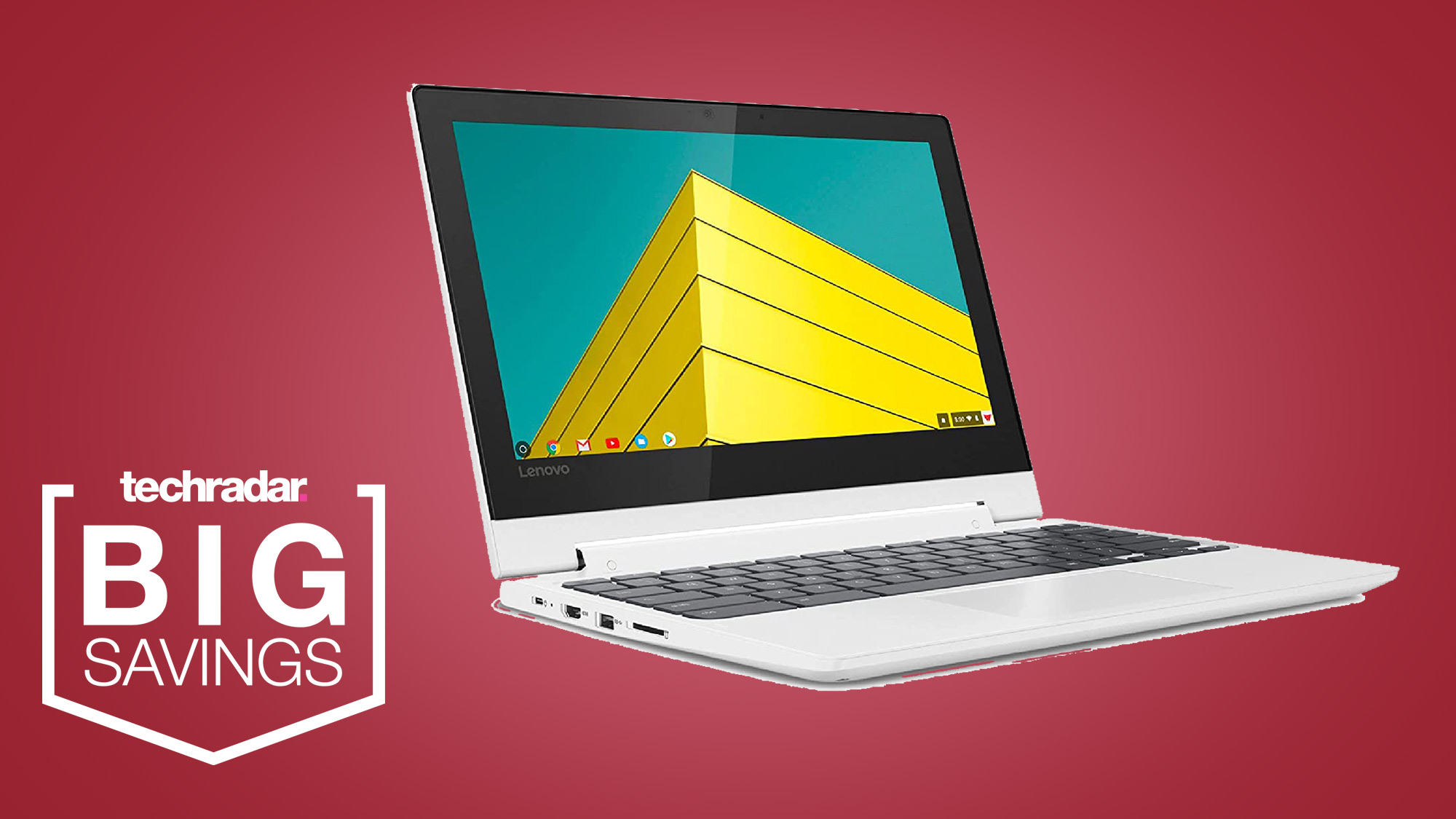 Chromebook Lenovo dengan latar belakang merah dengan tulisan lencana TechRadar 