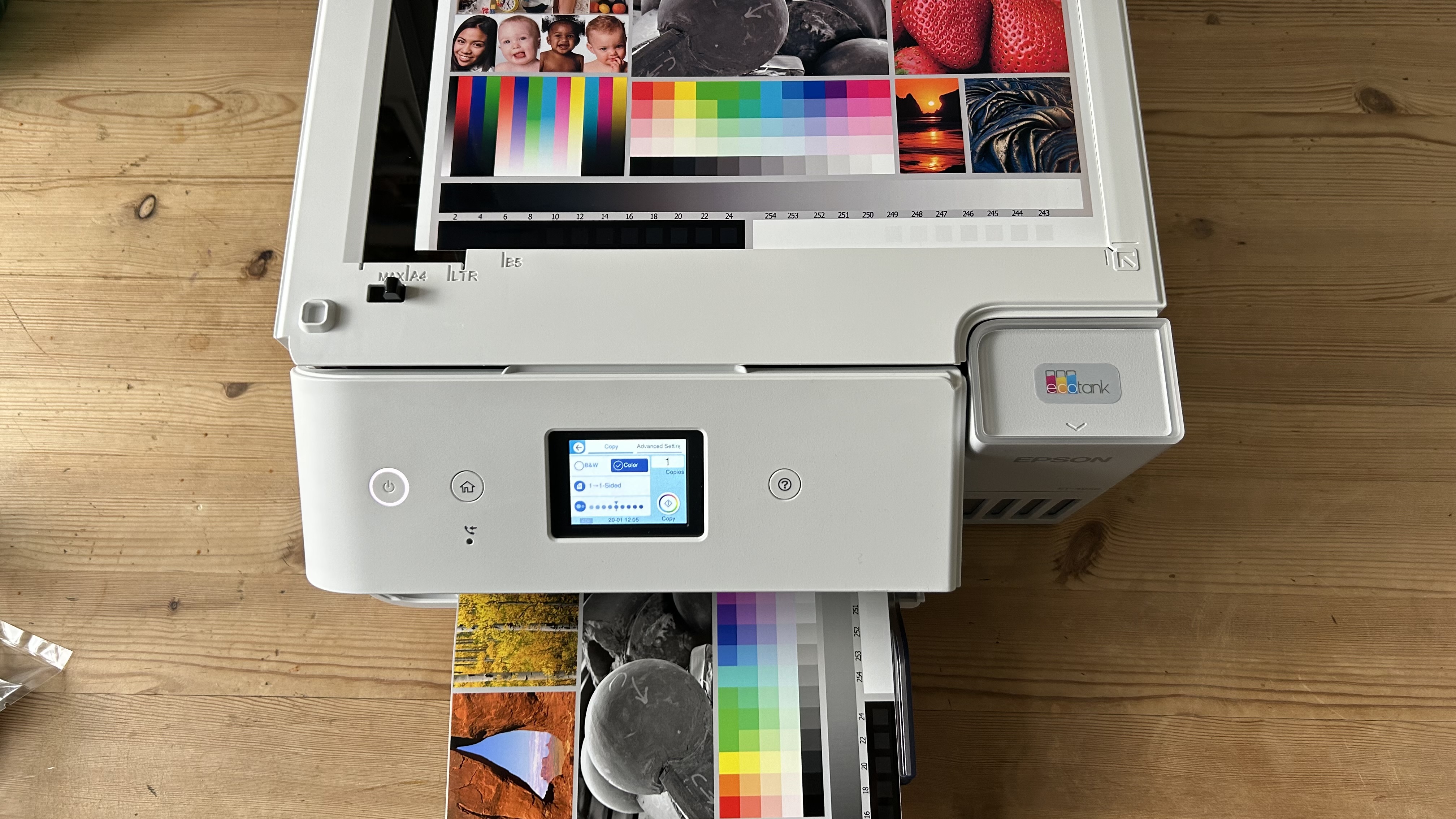 The Epson EcoTank ET-4950 series ink tank printer undergoing testing in a home office during our review process