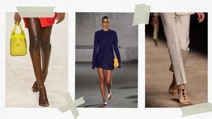hardware sandal trend is shown in a collage of runway images from the spring shows of Fendi, Tory Burch, and Tom Ford