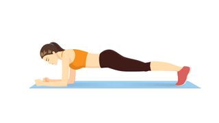 Illustrated woman doing plank exercise as part of reformer Pilates at home on yoga mat in workout clothes