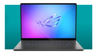 The Asus ROG Zephyrus G16 2025 in silver on a teal deals background