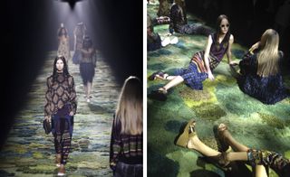 Dries Van Noten's S/S 2015 show was set against a magical, mossy landscape rendered in wooly clumps