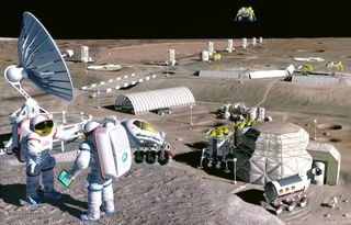 In a 1995 artist's concept of a moon colony, a lunar mining facility harvests oxygen from the resource-rich volcanic soil of the moon's Mare Serenitatis, a vast lava plain.