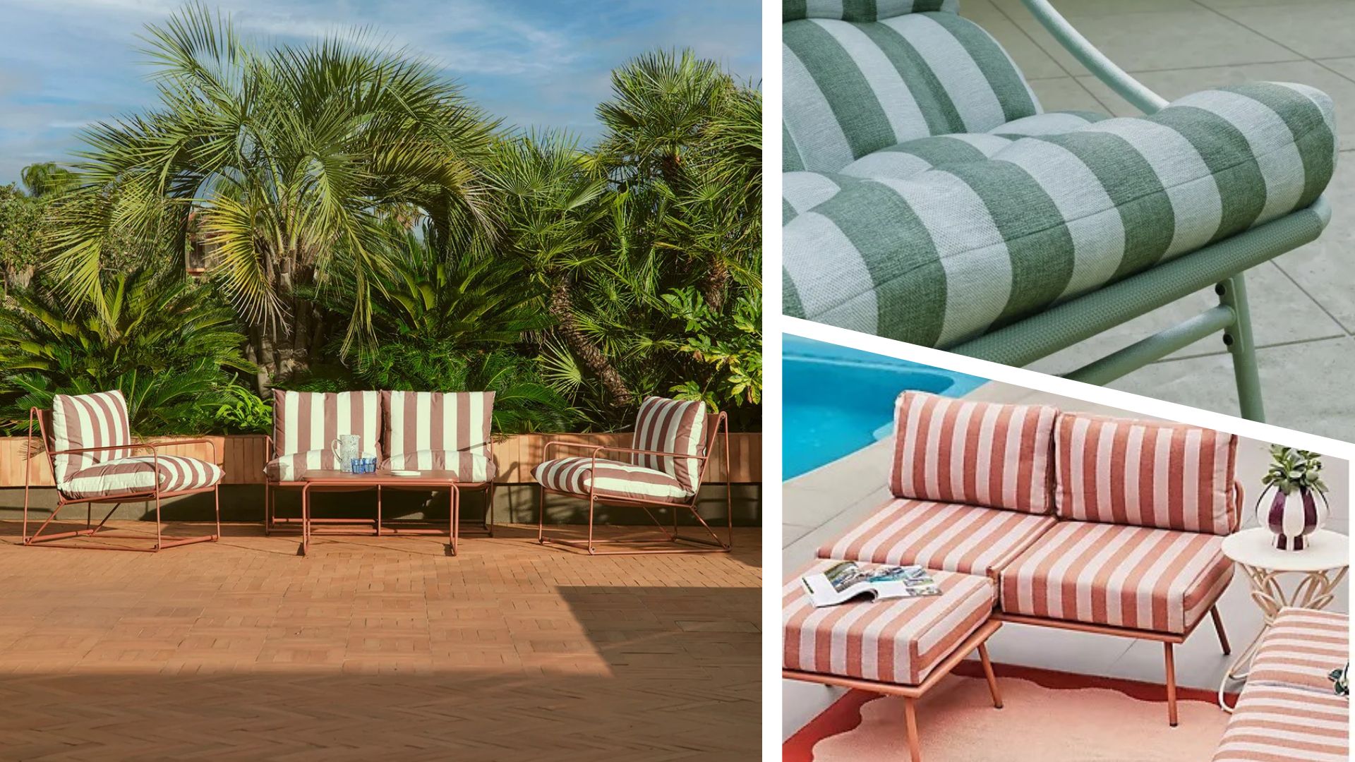  composite of three garden furniture sets with striped cushions in different colours to show