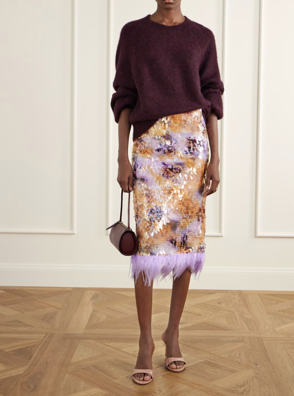 Staud Lark sequin-embellished feather-trimmed mesh midi skirt