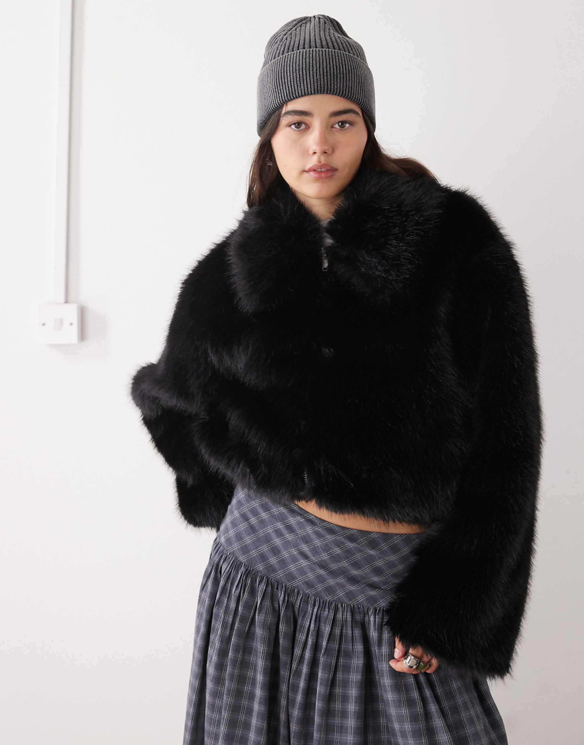 Monki Short Faux Fur Jacket in Black