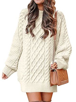 Anrabess Women Long Sleeve Oversized Cable Knit Chunky Baggy Loose Pullover Tunic Mini Sweater Dress 2024 Trendy Fall Outfits Beige X-Large