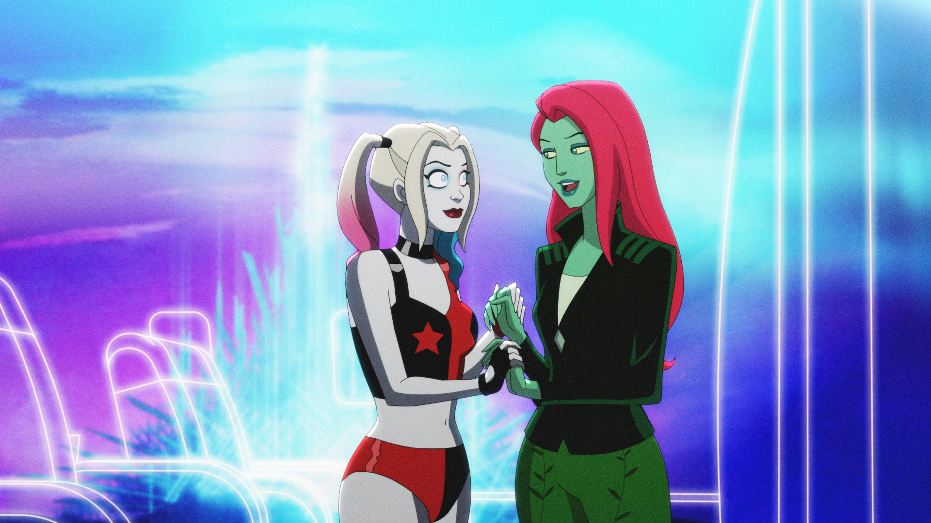 (L to R) Harley Quinn (voiced by Kaley Cuoco) and Poison Ivy (voiced by Lake Bell) in Wonder Woman's invisible jet in Harley Quinn