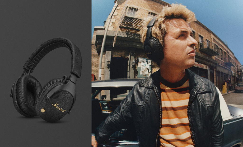 Man in striped shirt wearing headphones side by side shot of headphones