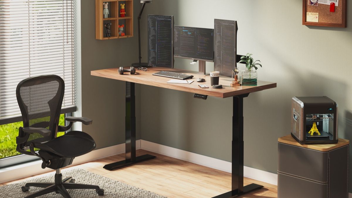 FlexiSpot E7 55W Height-Adjustable Standing Desk, Bamboo/White
