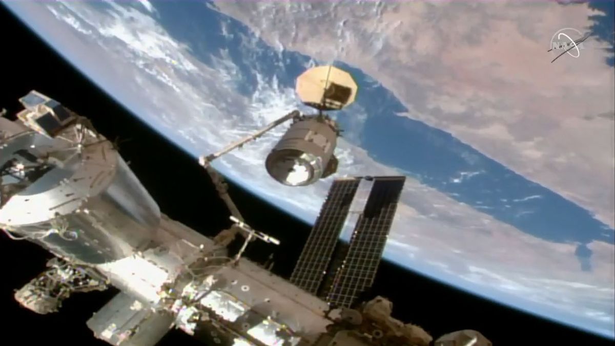 The Northrop Grumman Cygnus NG-15 cargo ship arrives at the International Space Station on Feb. 22, 2021 in this view from a camera on the station's exterior.