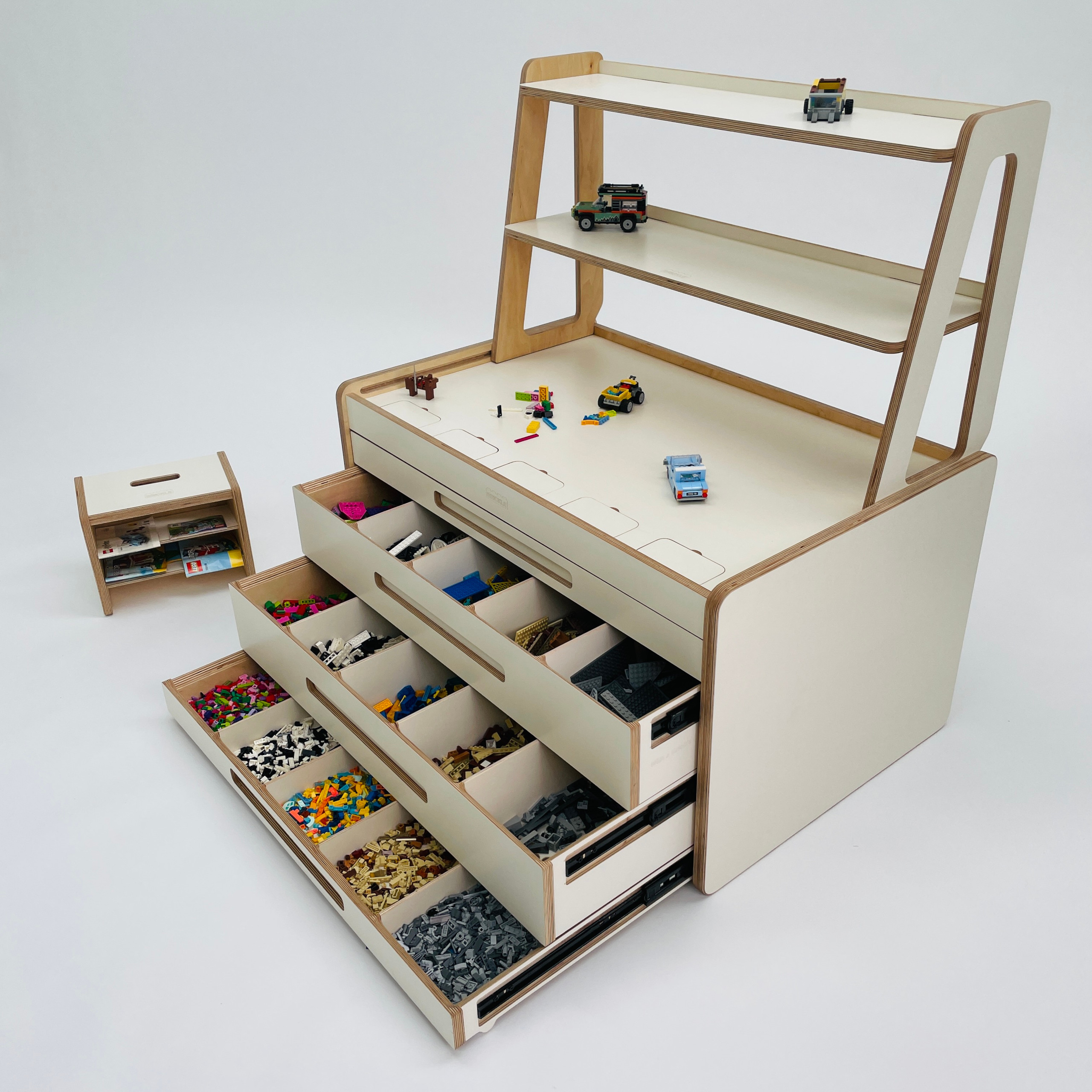 Brickle Lego sorter in cream with optional shelves and stool