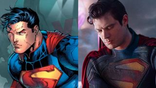 Superman in comics with David Corenswet as Superman