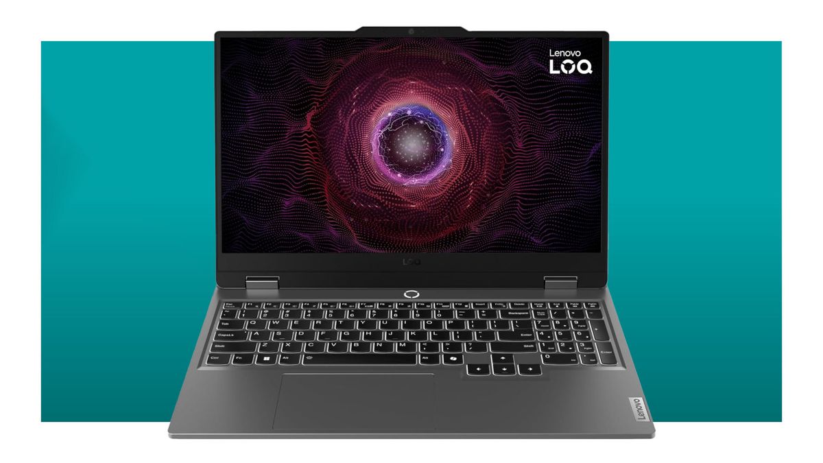 An image of a Lenovo LOQ 15APH9 gaming laptop against a teal background with a white border