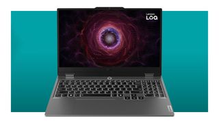 An image of a Lenovo LOQ 15APH9 gaming laptop against a teal background with a white border