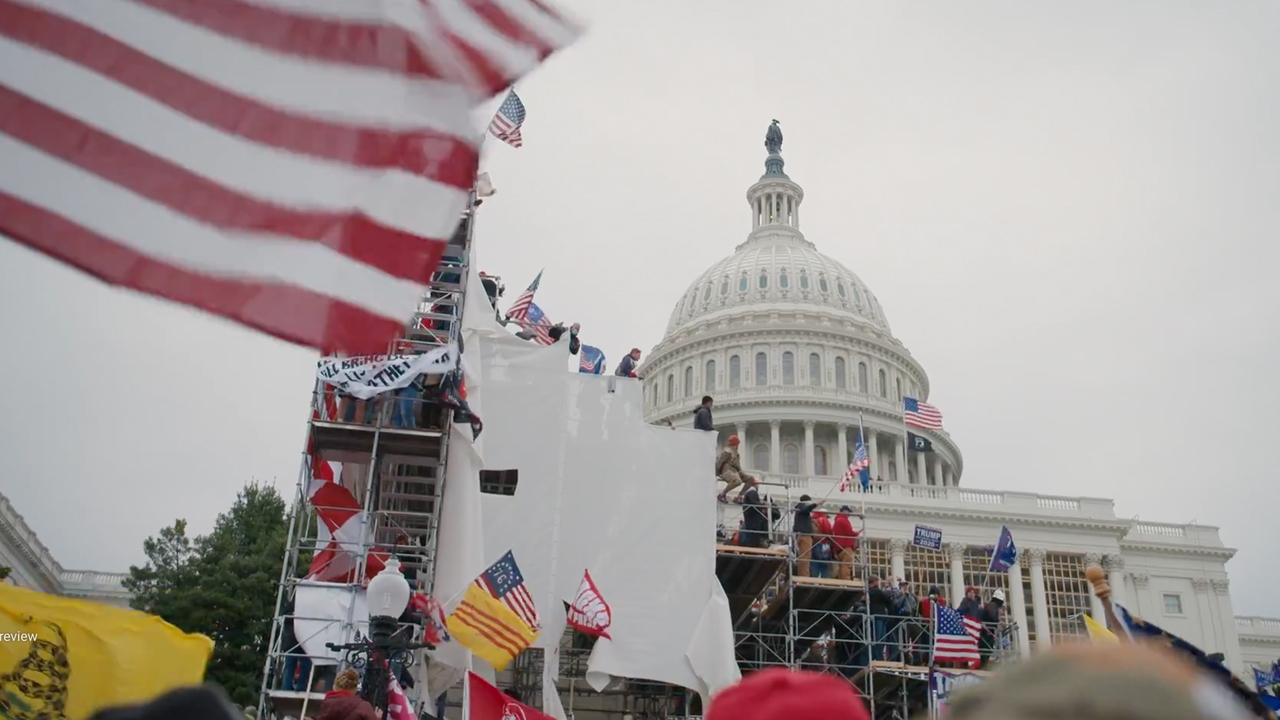 An image of the Attack on the capital building during the January 6th 2021 attack, A24.