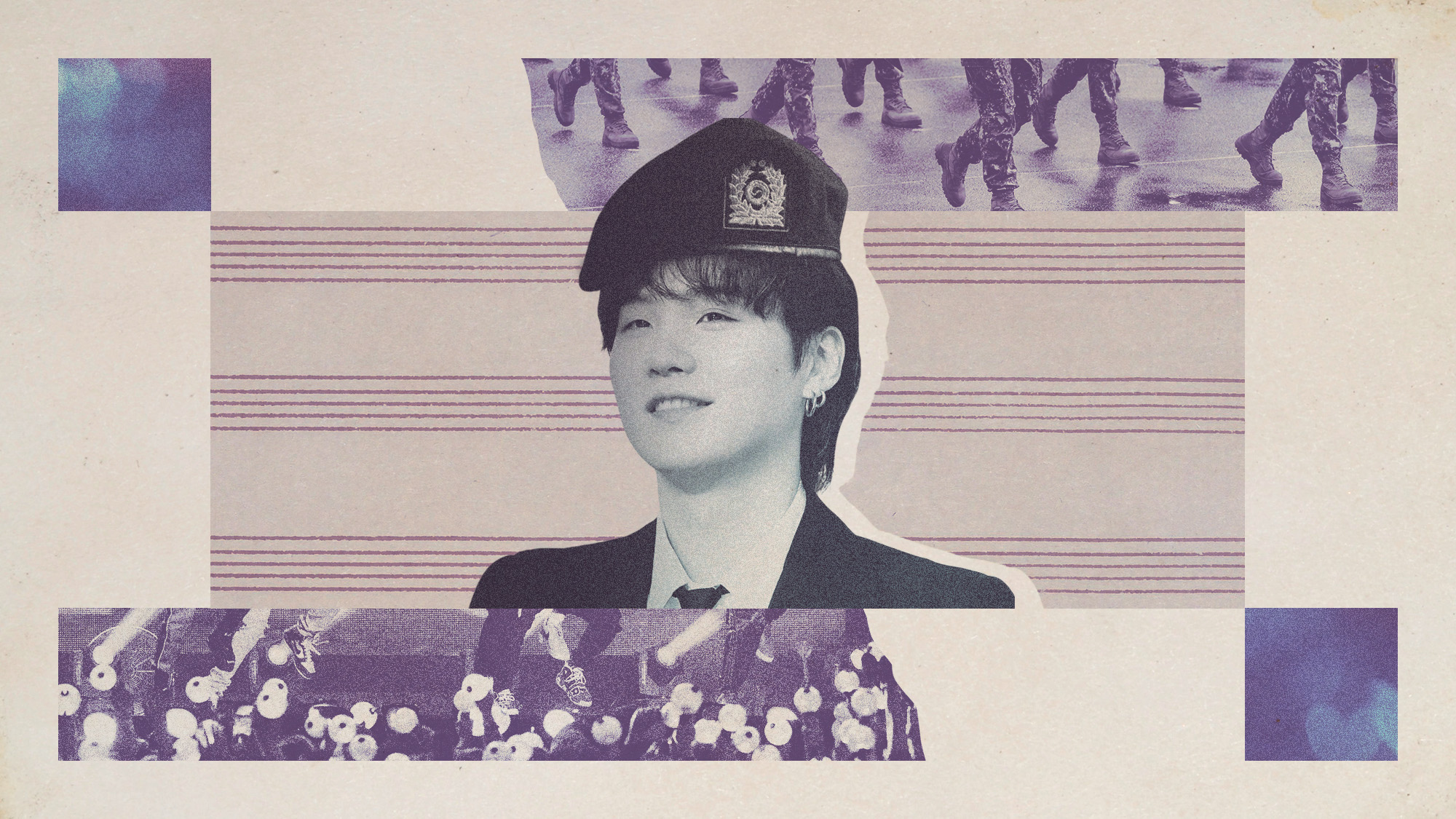 Photo collage of Suga wearing a South Korean army cap. In the background, there is a photo of marching soldiers' feet, and feet of dancing members of the boyband.
