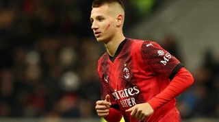 AC Milan's 15-year-old forward Francesco Camarda comes on to make his debut against Fiorentina in Serie A in November 2023.