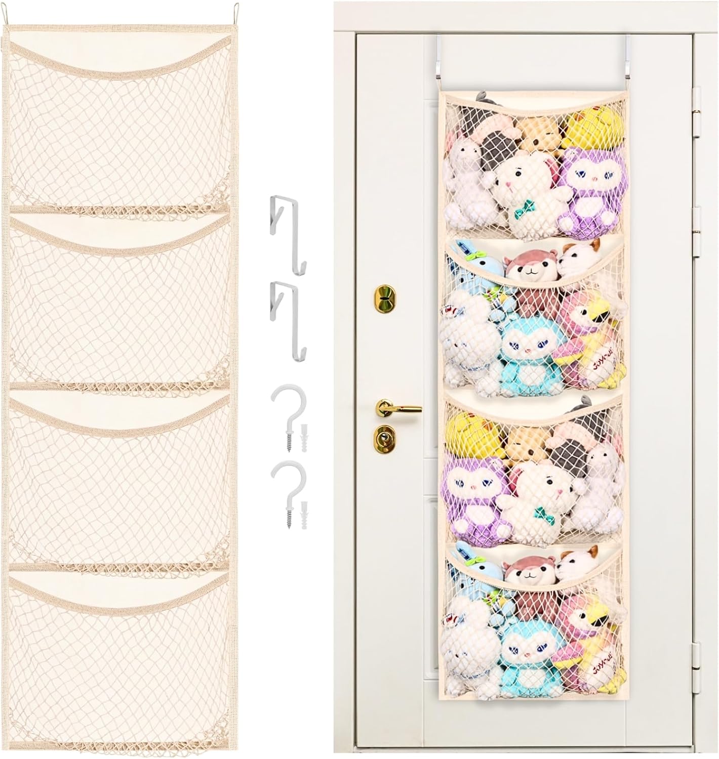 Over the Door Stuffed Animal Storage, Cotton Toy Organizer for Storage Plush Toys,baby Supplies, Stuffed Animal Holder With 4 Large Pockets, Hanging Door Organizer for Nursery, Bedroom, Kids Room