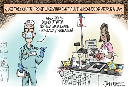 Editorial Cartoon U.S. no paid sick leave health insurance grocers coronavirus front lines