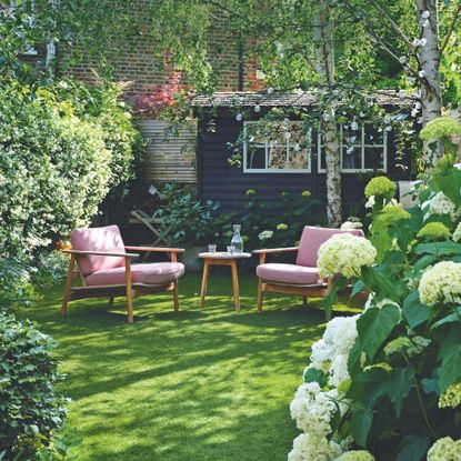 Pink bistro set on a lawn in front of a black shed, with large bushes and plants growing either side
