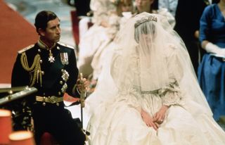 Prince Charles and Lady Diana Spencer, shown seated during their wedding ceremony