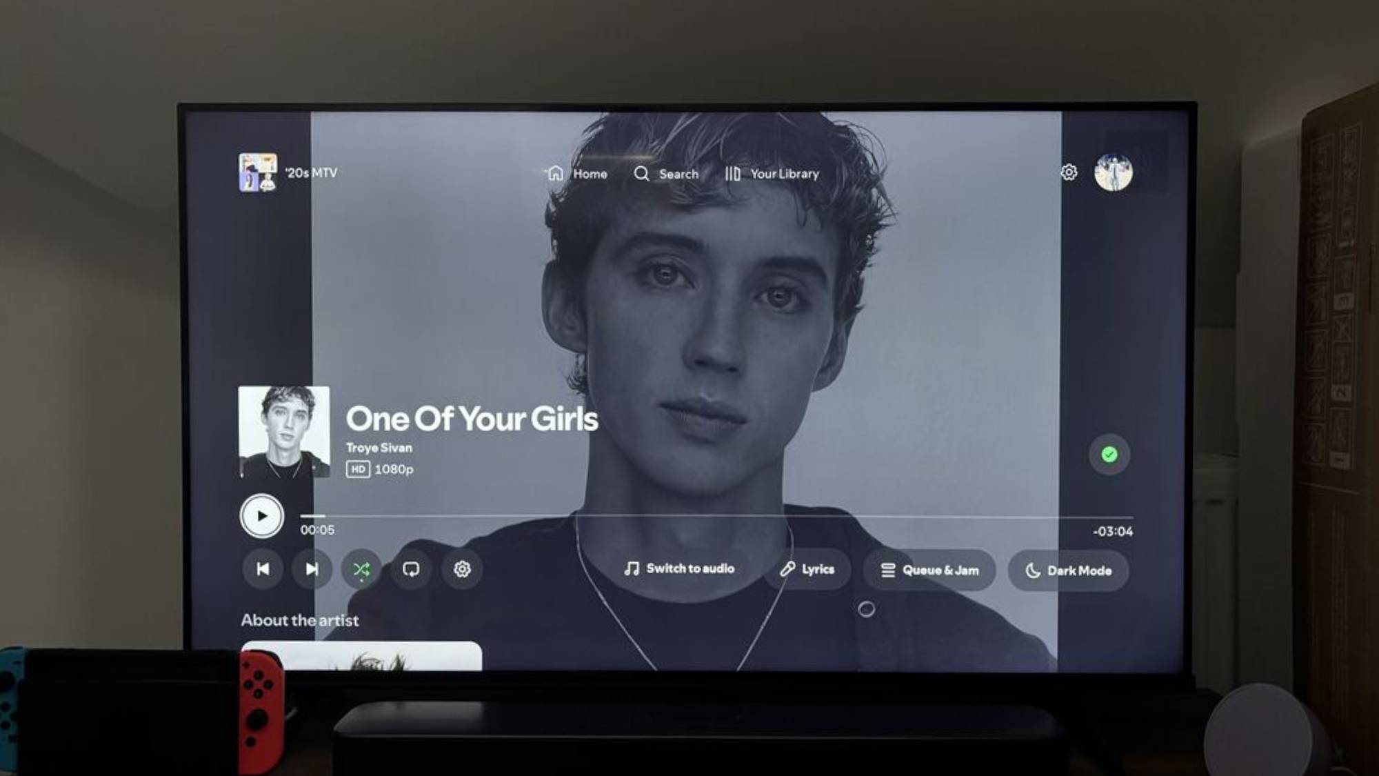 A Troye Sivan music video paying on the Spotify smart TV app