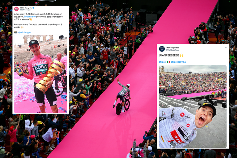 Mathieu van der Poel rides into Verona, with tweets overlaid on top