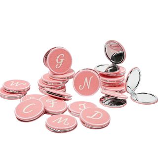 secret santa gifts pink compact mirrors with different initials embroidered on