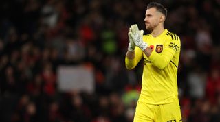 Martin Dubravka of Manchester United applauds during the Carabao Cup match between Manchester United and Aston Villa on 10 November, 2022 at Old Trafford in Manchester, United Kingdom.