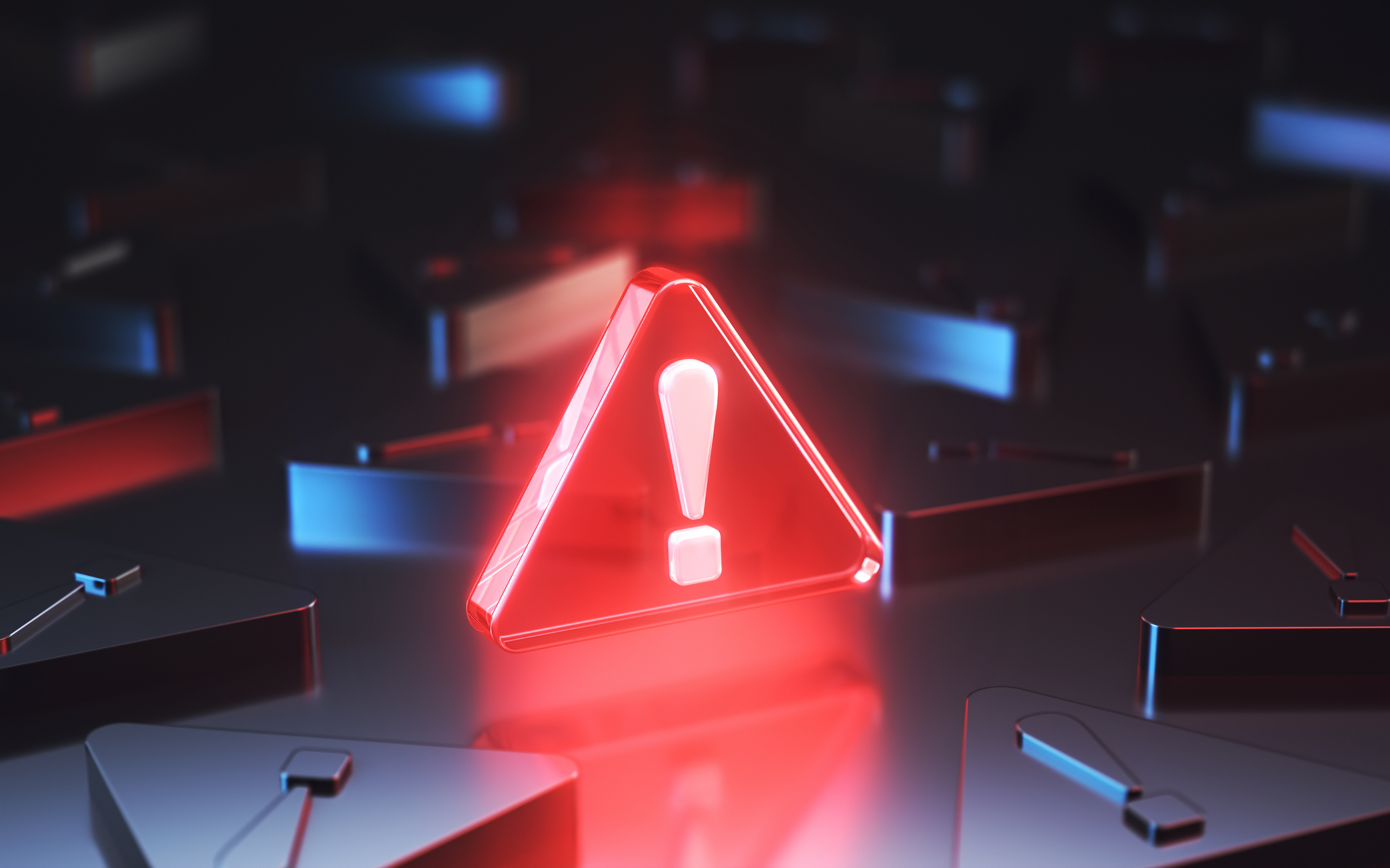 3d rendering of a red danger warning triangle sign surrounded by black triangles with exclamation points