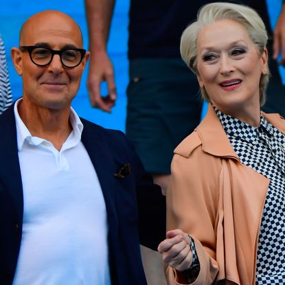 Meryl Streep and Stanley Tucci are seen filming 'The Devil Wears Prada 2' on August 01, 2025 in New York City